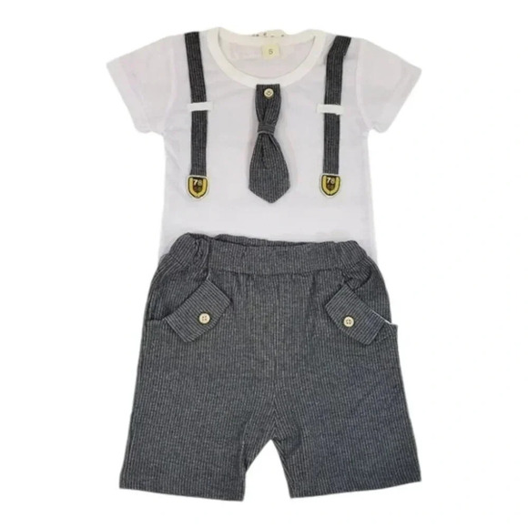 12-18M Grey Faux Suit Baby Boys 2 pcs Outfit. T-Shirt and Shorts Set. - Picture 1 of 10
